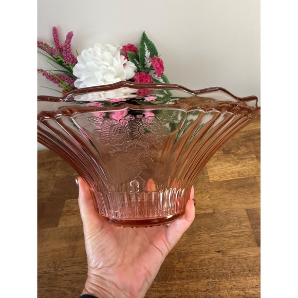 Vintage Anchor Hocking Mayfair Open Rose Pink Depression Glass Footed Bowl Retro - Picture 10 of 10